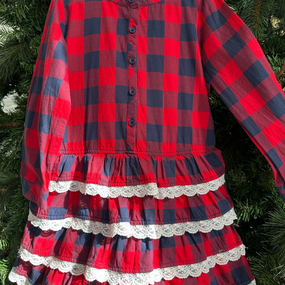 Hanna Andersson 110 size 5 Red/Blue Plaid Dress w lace trimmed 4 layer-skirt